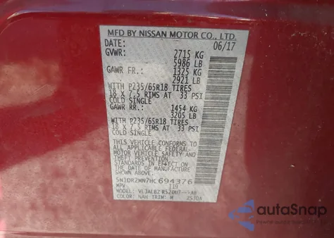 2017 Nissan Pathfinder S z USA, uszkodzony, nr VIN 5N1DR2MN7HC694376